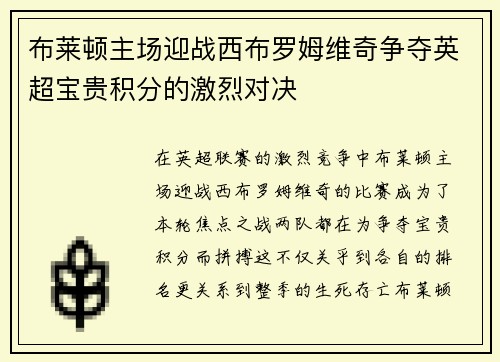 布莱顿主场迎战西布罗姆维奇争夺英超宝贵积分的激烈对决